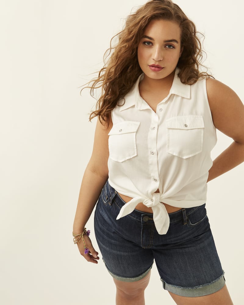 Front of plus size Diana Sleeveless Button Up Tailored Top by Molly & Isadora | Dia&Co | dia_product_style_image_id:196964